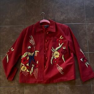 Vintage Daniel K Red Embroidered Jacket with Parrot Design